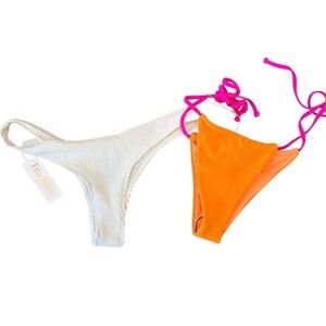 Frankies Bikinis Bottom Bundle  White Textured & Neon Orange Pink Side Tie Med.